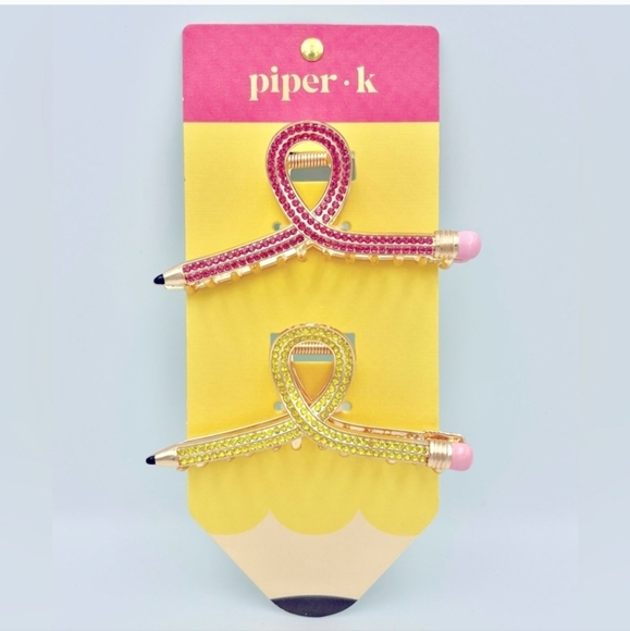 🔹️Piper K 🔹️Glitter  Pink and Yellow Rhinestone Hair Clips 2 Pk.nwt ✨️✏️ - Picture 1 of 2